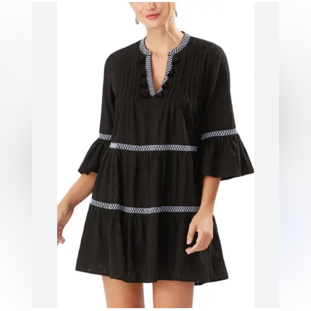 Tommy Bahama Embroidered Tiered Tassel Cotton Tunic Dress in Black XL